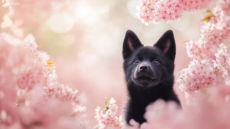 Adorable puppy surrounded by fallen cherry blossoms, soft pink hues and open space for text placement.の素材