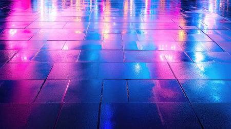 Abstract neon reflections on a wet floor, with vibrant pink, blue, and purple lights creating an electric atmosphere. No text, no people.の素材