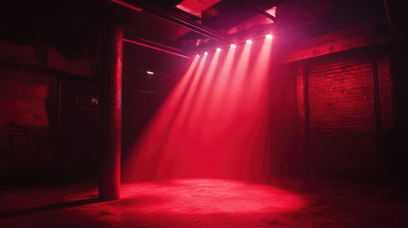 A beam of light from a club spotlight, cutting across a dark room filled with fog, creating soft rays that illuminate part of the floor and create a moody, cinematic atmosphere. No text, no people.の素材