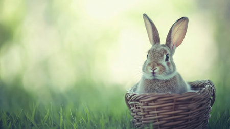 Adorable rabbit nestled in a cozy basket, dreamy blurred background with lots of open space.の素材