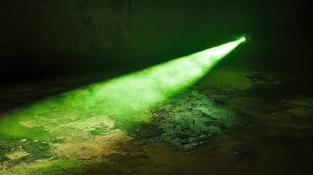 A dramatic green spotlight beam, cutting through the darkness to illuminate a part of the floor, surrounded by shadow. No text, no people.の素材
