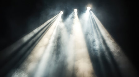 A bright concert spotlight casting light through smoke, with visible light rays spreading across an empty stage. No text, no people.の素材