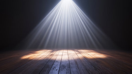 A sharp, focused club spotlight casting light beams across an empty, darkened floor, with the surrounding shadows and fog creating an isolated, mysterious atmosphere. No text, no people.の素材
