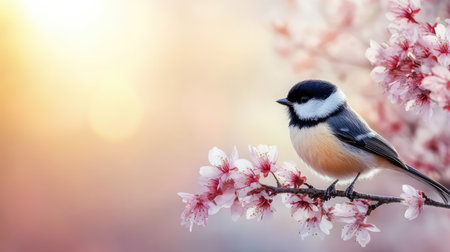 A small fluffy bird sitting on a branch with blooming cherry blossoms, soft pastel sky creating copy space.の素材