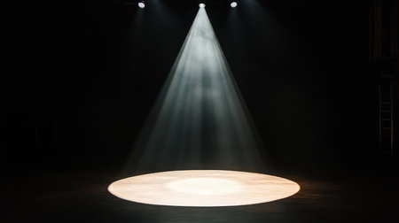 A single spotlight casting a circle of light on the floor of an empty concert hall, surrounded by shadows and darkness. No text, no people.の素材