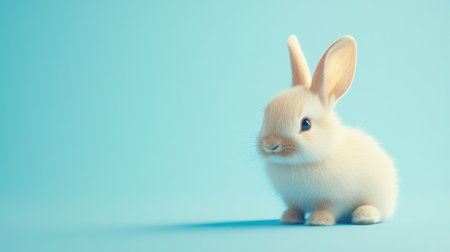 A tiny bunny sitting in the corner of a light blue backdrop, allowing lots of empty space for creative design.の素材