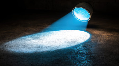 Blue spotlight shining downward, creating long shadows on the ground with an eerie, cinematic feel. No text, no people.の素材