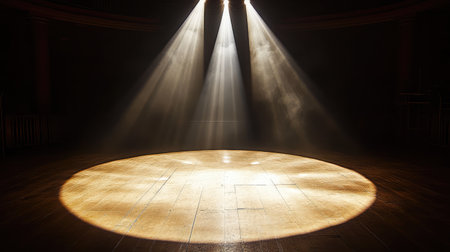 A single concert spotlight focused on the center of the stage, casting an intense beam of light with long shadows forming on the floor. No text, no people.の素材