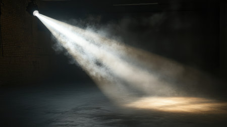 Bright club spotlight illuminating an empty floor, with defined beams of light cutting through the fog, casting long shadows in the surrounding dark space of the nightclub. No text, no people.の素材