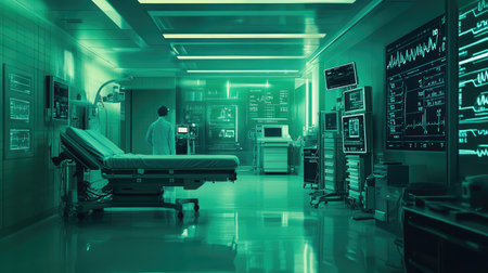 Futuristic medical interface background with glowing diagnostics, health app icons, and a modern hospital concept. No text, no people.の素材
