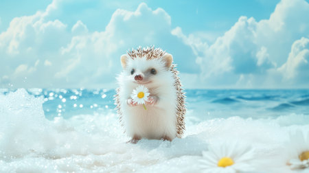 Hedgehog holding a small daisy in its paws, cute and playful background with ample empty space.の素材