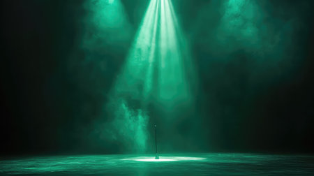 Green spotlight focused on a blank stage, creating a focused light beam that contrasts with the surrounding darkness. No text, no people.の素材