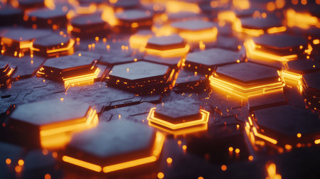 Glowing neon hexagons floating in dark space, arranged in a futuristic sci-fi pattern with copy space in the center. No text, no people.の素材