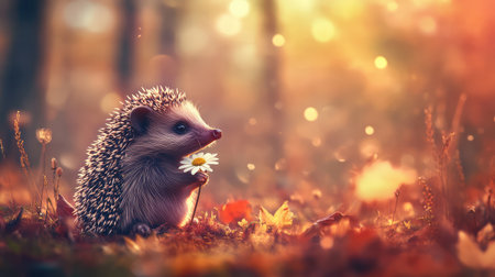 Hedgehog holding a small daisy in its paws, cute and playful background with ample empty space.の素材
