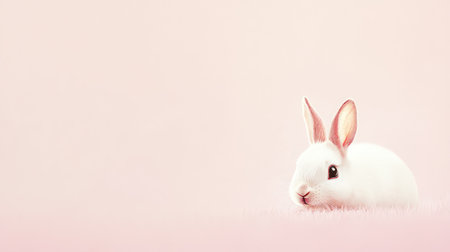 Minimalist aesthetic with a bunny peeking from behind a soft neutral background, ample copy space for creativity.の素材