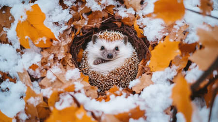 Hedgehog curled up in a winter nest made of snow and leaves, cozy and soft winter background.の素材