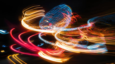 Swirling light trails in neon colors, moving in different directions and creating an abstract, energetic effect while leaving the center free for text or creative designs. No text, no people.の素材