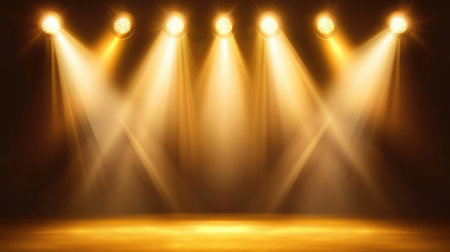 Spotlight beams fanning out in a radial pattern, creating a vibrant and energetic concert atmosphere. No text, no people.の素材