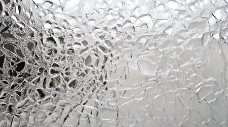 Transparent cracked glass sheet with subtle reflections, creating an abstract effect with an empty area in the center for design. No text, no people.の素材