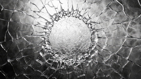 Spiderweb crack pattern in glass, radiating outward symmetrically, creating a detailed and textured background with copy space. No text, no people.の素材