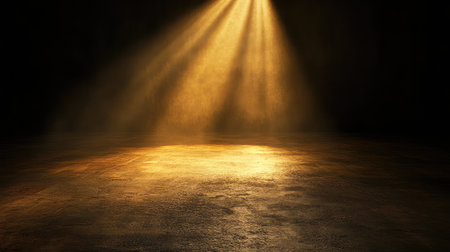 Surreal dreamlike spotlight composition, with a floating, glowing beam in deep mist. No text, no people.の素材