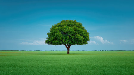 A solitary green tree stands majestically in a vast field under a bright blue sky, creating a picturesque scene that embodies calmness and the essence of nature.の素材