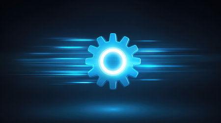 This image features a glowing blue gear icon with a striking motion blur effect, symbolizing technology and innovation against a sleek, dark background.の素材