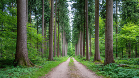 Enchanting view of a tranquil forest pathway flanked by tall trees and vibrant greenery, perfect for leisurely walks and exploring the beauty of nature.の素材