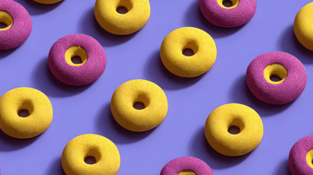Vibrant arrangement of colorful foam donuts set against a rich purple background, perfect for playful decor or culinary inspiration in modern lifestyle contexts.の素材