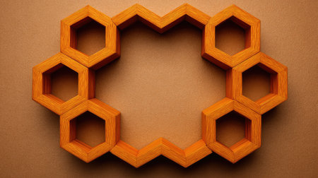 A beautiful arrangement of wooden hexagonal shapes creates a striking geometric display, perfect for enhancing modern design themes or for artistic inspiration in various projects.の素材