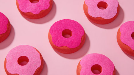 A playful arrangement of vibrant donuts in shades of pink on a soft pink background, ideal for food-themed promotions and creative projects that celebrate sweetness and fun.の素材