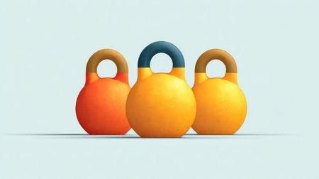 Three modern kettlebells in bold colors sit prominently on a minimalist backdrop, representing essential tools for effective strength training and fitness goals.の素材
