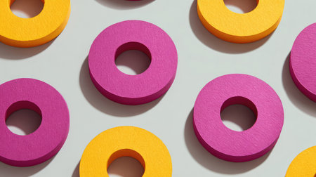 A striking arrangement of colorful circular shapes in pink, orange, and yellow set against a subtle light background, perfect for design and artistic projects.の素材