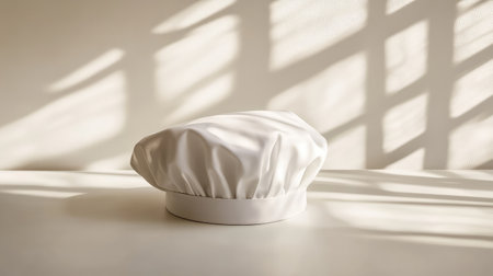 An empty white chef hat placed neatly on a clean, smooth surface, with soft natural light casting gentle shadows and space above for copy.の素材