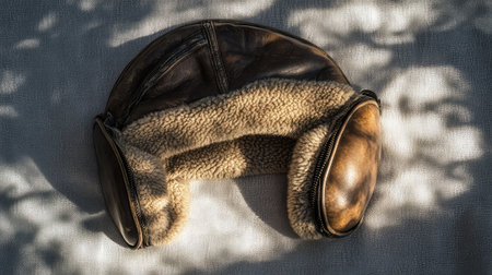 An aviator hat with a leather finish and ear flaps, lying on a textured gray surface, with sunlight casting soft shadows and room for text.の素材