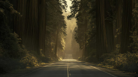 An empty road through a foggy forest, with tree silhouettes on either side and room in the sky for copy about road trips.の素材