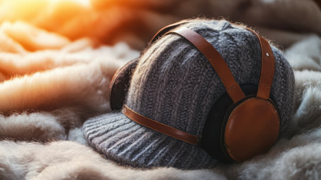 An aviator hat with ear flaps and leather straps, placed on a soft wool fabric background with warm light, creating space for text.の素材