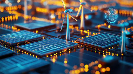 AI-powered smart grid technology managing renewable energy sources in a futuristic cityscape, automation concept with glowing data flow and copy space.の素材