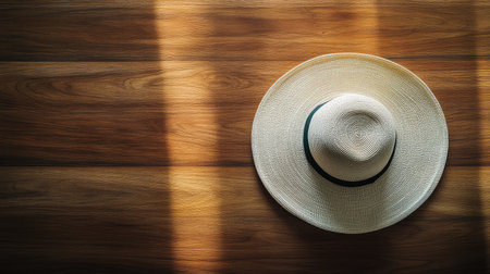 An elegant wide-brim hat placed on a smooth wooden surface, with gentle natural light and space for creative copy above.の素材