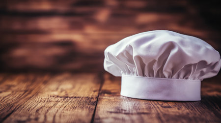 A close-up of a white chef hat on a clean wooden surface, with soft lighting and plenty of room above for text.の素材
