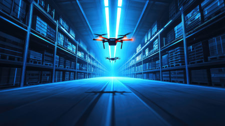 Autonomous drone fleet flying over a smart warehouse, logistics and automation concept with blue-toned futuristic background and copy space.の素材
