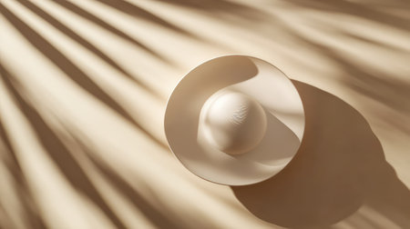 An elegant wide-brim hat resting on a neutral background with soft lighting and clear space for messaging or branding.の素材