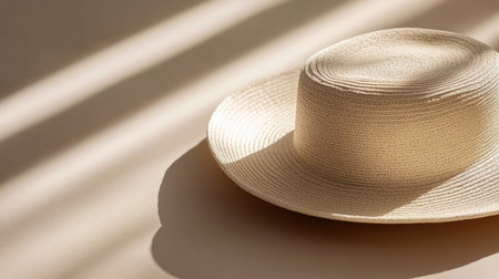 A close-up of a wide-brim hat placed on a soft beige surface, with subtle shadows and plenty of space for messaging above.の素材