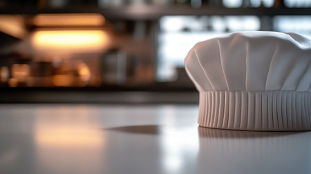 A close-up of a traditional chef hat with pleats on a light kitchen countertop, with warm lighting and space above for text.の素材