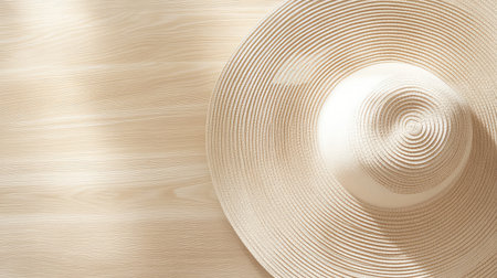 A close-up of a wide-brim hat with a unique design, resting on a light wooden surface, with ample room above for text.の素材