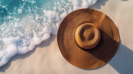 A high-end sun hat with a wide brim, lying flat on a sandy surface, with ocean waves in the background and space above for text.の素材