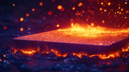 Close-up of a futuristic industrial D printer creating metal components with glowing molten metal and sparks flying.の素材