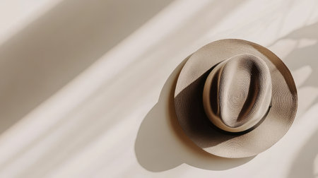A stylish wide-brim hat resting on a light, neutral background with soft natural light and space above for text.の素材