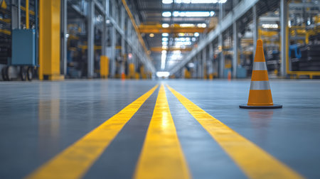 Clear and visible factory floor safety markings indicating no-entry zones, safety cones, and caution tape, clean and organized with copy space.の素材