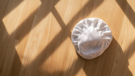 A clean white chef hat placed on a light wooden surface, with sunlight casting soft shadows and ample space for copy above.の素材